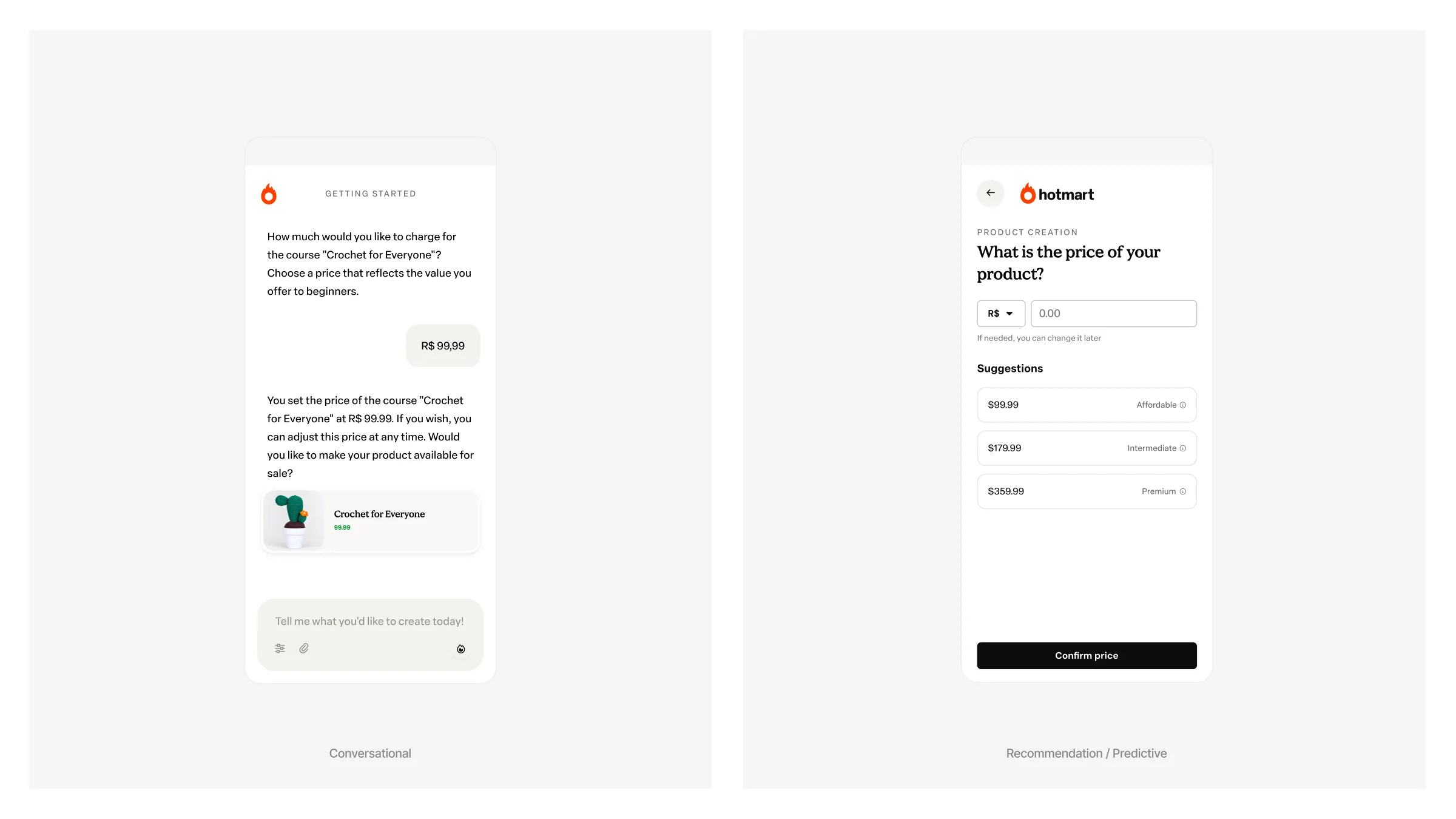 Two approaches to the price step: conversational, and recommendation / predictive.